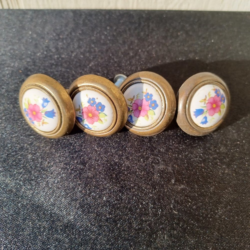 Vintage Brass and porcelain knobs with pink flowers, four sweet cottage core